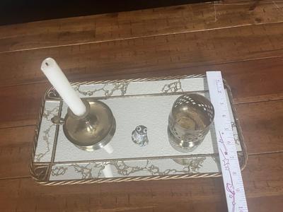 Sale Photo Thumbnail #36: Vanity mirror tray, brass items and frog