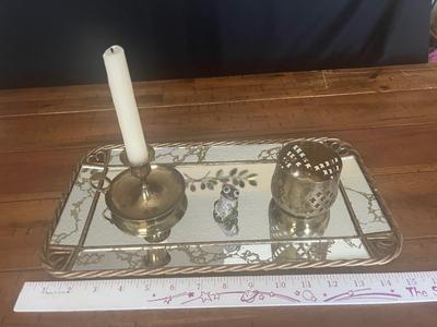 Sale Photo Thumbnail #35: Vanity mirror tray, brass items and frog