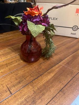 Sale Photo Thumbnail #42: Cranberry ruffled edge vase with floral arrangement