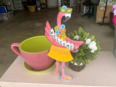 Sale Photo Thumbnail #59: Pink teacup planter and other decorative items