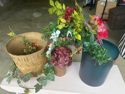 Sale Photo Thumbnail #76: Basket planter, copper vase and large turquoise vase with floral
