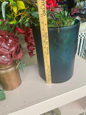 Sale Photo Thumbnail #78: Basket planter, copper vase and large turquoise vase with floral