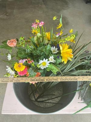 Sale Photo Thumbnail #82: White metal bucket and silver metal tray with floral and wreath holder