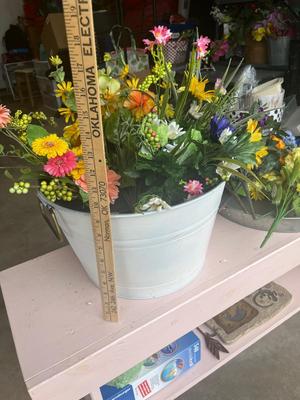 Sale Photo Thumbnail #81: White metal bucket and silver metal tray with floral and wreath holder