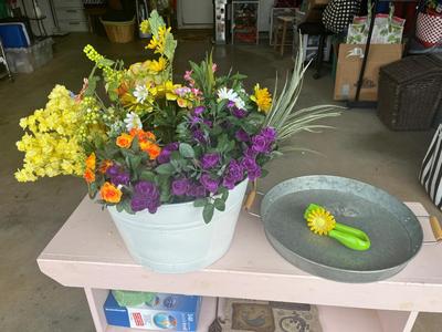 Sale Photo Thumbnail #79: White metal bucket and silver metal tray with floral and wreath holder