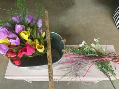 Sale Photo Thumbnail #87: Large metal bucket with rope handles and floral