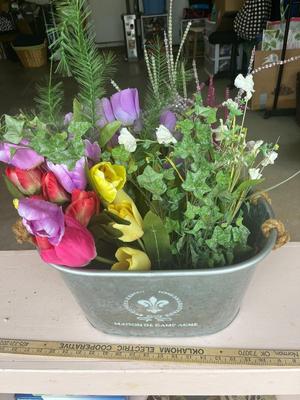 Sale Photo Thumbnail #84: Large metal bucket with rope handles and floral