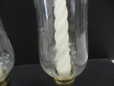Pair Of Vintage Etched Glass Hurricane Lights With Weighted Stands