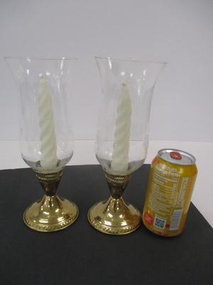 Pair Of Vintage Etched Glass Hurricane Lights With Weighted Stands