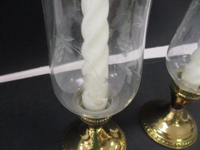Pair Of Vintage Etched Glass Hurricane Lights With Weighted Stands