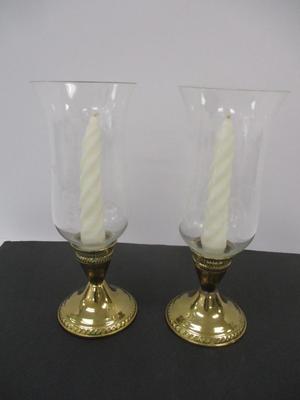 Pair Of Vintage Etched Glass Hurricane Lights With Weighted Stands