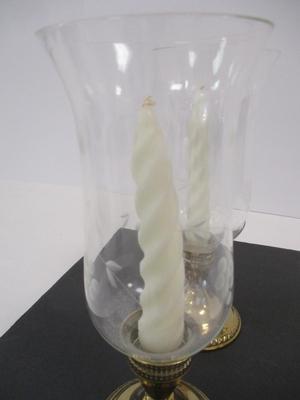 Pair Of Vintage Etched Glass Hurricane Lights With Weighted Stands