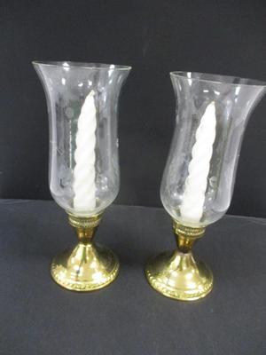 Pair Of Vintage Etched Glass Hurricane Lights With Weighted Stands