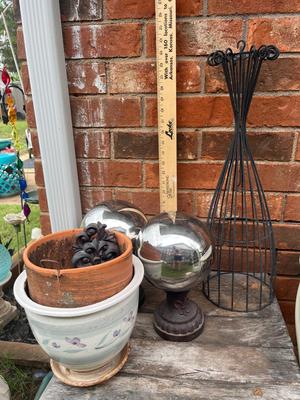 Sale Photo Thumbnail #205: Silver balls with pedestal stands, iron hanging décor and more