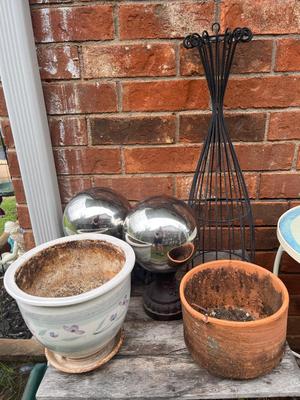 Sale Photo Thumbnail #203: Silver balls with pedestal stands, iron hanging décor and more