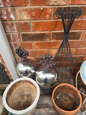 Sale Photo Thumbnail #204: Silver balls with pedestal stands, iron hanging décor and more