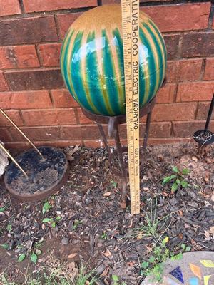 Sale Photo Thumbnail #239: Green/gold clay decorative ball with heavy iron stand