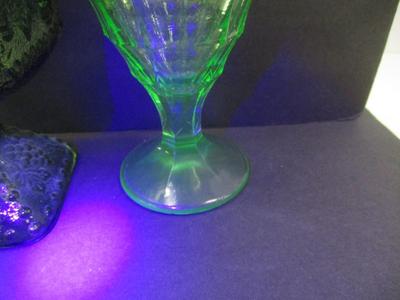 Colonial Block Optic Uranium Glass By Hazel Atlas & Indiana Glass Harvest Grape Square Pedestal