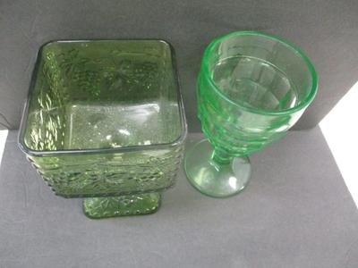 Colonial Block Optic Uranium Glass By Hazel Atlas & Indiana Glass Harvest Grape Square Pedestal