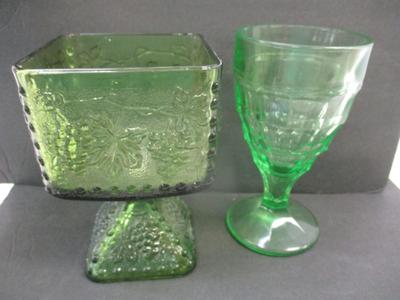 Colonial Block Optic Uranium Glass By Hazel Atlas & Indiana Glass Harvest Grape Square Pedestal