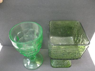 Colonial Block Optic Uranium Glass By Hazel Atlas & Indiana Glass Harvest Grape Square Pedestal