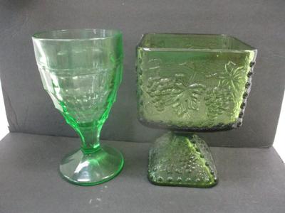 Colonial Block Optic Uranium Glass By Hazel Atlas & Indiana Glass Harvest Grape Square Pedestal