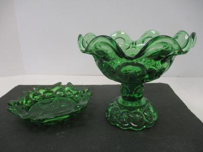 LE Smith Pedestal Green Glass Moon & Stars Compote Candy Dish Emerald & LE Smith Moon & Stars Emerald Green Glass Ashtray
