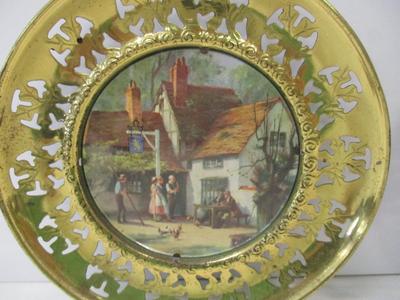 Vintage Solid Brass Wall Plate w/ Foil Print English Scenes Made In England