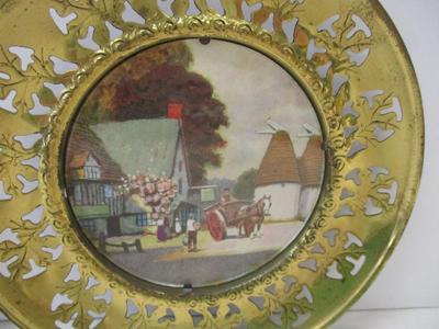Vintage Solid Brass Wall Plate w/ Foil Print English Scenes Made In England