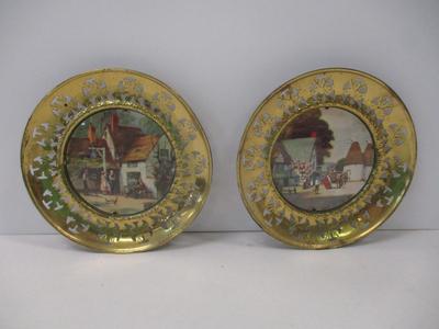 Vintage Solid Brass Wall Plate w/ Foil Print English Scenes Made In England
