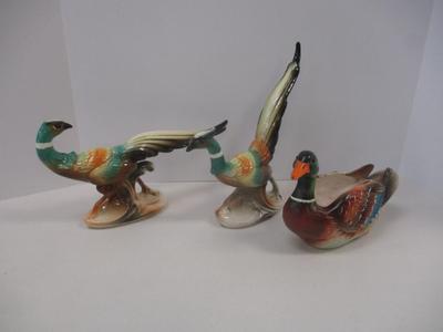 Vintage Napcoware Mallard Duck Planter & Mid Century Royal Copley Pottery Pheasant Statues 1950's