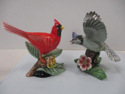Vintage Lefton Cardinal & Blue Jay Hand Painted Red Bird On Branch Flower Japan