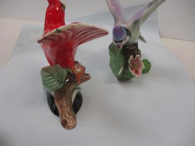 Vintage Lefton Cardinal & Blue Jay Hand Painted Red Bird On Branch Flower Japan