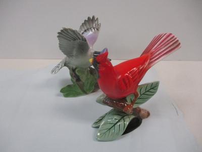 Vintage Lefton Cardinal & Blue Jay Hand Painted Red Bird On Branch Flower Japan