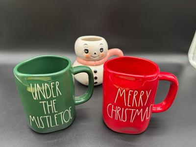 2 Rae Dunn Retired Christmas Mugs & Snowman Mug
