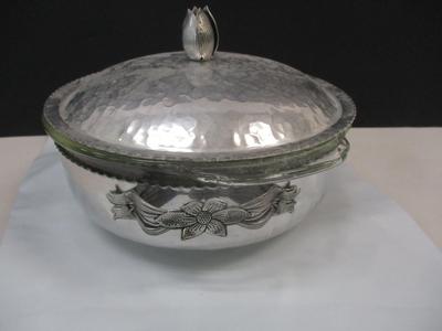 Vintage Silver Hammered Bowl & 3D Lid Crimped Edges Tulip Lid & Etched Details - Fire King Glass Divided Serving Bowl