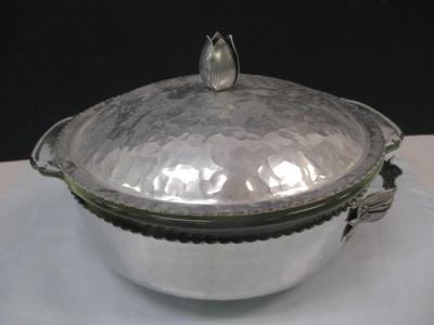 Vintage Silver Hammered Bowl & 3D Lid Crimped Edges Tulip Lid & Etched Details - Fire King Glass Divided Serving Bowl