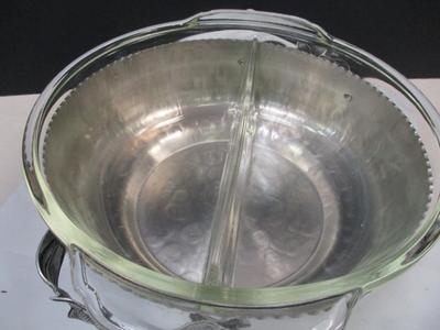 Vintage Silver Hammered Bowl & 3D Lid Crimped Edges Tulip Lid & Etched Details - Fire King Glass Divided Serving Bowl