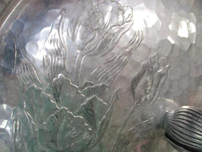 Vintage Silver Hammered Bowl & 3D Lid Crimped Edges Tulip Lid & Etched Details - Fire King Glass Divided Serving Bowl