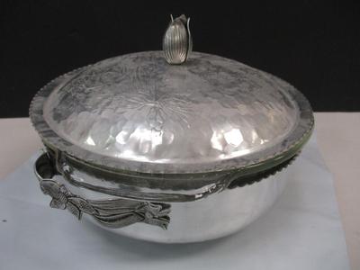 Vintage Silver Hammered Bowl & 3D Lid Crimped Edges Tulip Lid & Etched Details - Fire King Glass Divided Serving Bowl