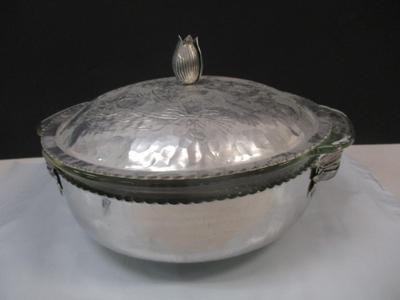 Vintage Silver Hammered Bowl & 3D Lid Crimped Edges Tulip Lid & Etched Details - Fire King Glass Divided Serving Bowl