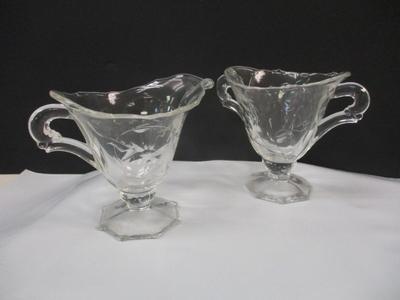 Vintage Heisey Orchid Etched Glass Waverly Line Footed Creamer & Sugar Set