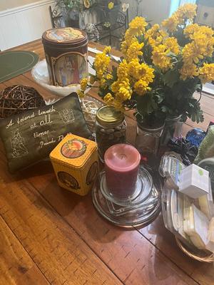 Sale Photo Thumbnail #270: Large white pedestal bowl, platter, glass jars, rocks, candle holders, metal tins and more (in OSU reusable bag)