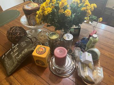 Sale Photo Thumbnail #269: Large white pedestal bowl, platter, glass jars, rocks, candle holders, metal tins and more (in OSU reusable bag)