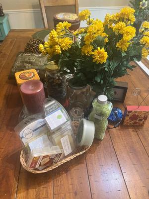 Sale Photo Thumbnail #271: Large white pedestal bowl, platter, glass jars, rocks, candle holders, metal tins and more (in OSU reusable bag)