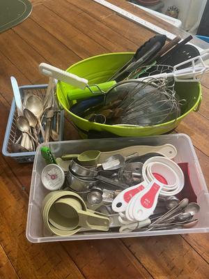 Sale Photo Thumbnail #272: Metal bucket and container full of silverware and other kitchen utensils
