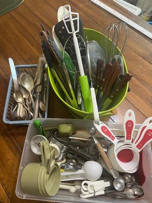 Sale Photo Thumbnail #273: Metal bucket and container full of silverware and other kitchen utensils