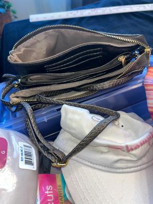 Sale Photo Thumbnail #375: Container of women's accessories including a hat, package of new underwear, handbag, socks, and foot spa items
