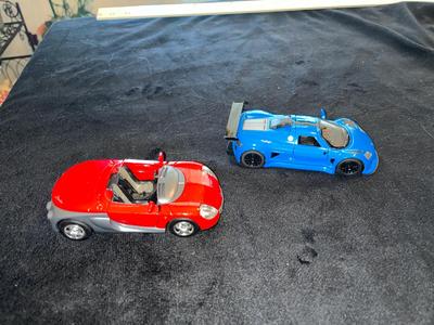 Sale Photo Thumbnail #396: Die Cast cars, not Hot Wheel size - scale of red car 1/32, blue 1/36