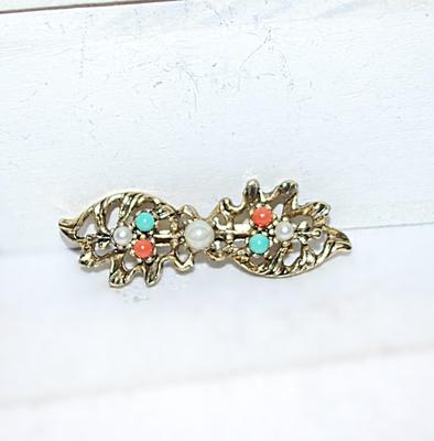 PINK, GREEN & WHITE Stones BROOCH (1¾" x ½") on a Gold Tone BANNER Shaped Setting